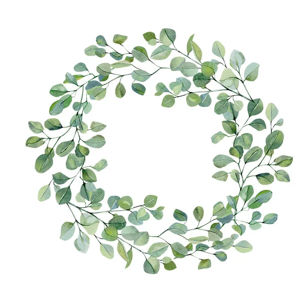 手描きの銀ドルユーカリと水の色の花輪 緑の枝と葉の花のイラストのための結婚式のインスピレーションカード テンプレート バナー — ストック写真