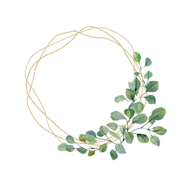 Elle boyanmış gümüş dolarlık okaliptüs ile suluboya çelenk. Yeşil dallar ve yapraklar çiçek çizimleri. Kırsal bahçe bitkileri düğün davetiyesi ve tebrik kartı.