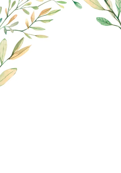 Yaprak ve dallardan oluşan suluboya bir pankart. Tebrik kartları için orman tasarımı illüstrasyonu, düğün davetiyeleri, alıntılar ve dekorasyonlar, şablon.