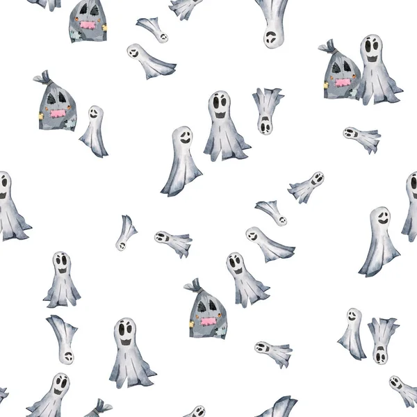 Suluboya Cadılar Bayramı modeli. Beyaz arka planda elle boyanmış karikatür tarzı hayalet.