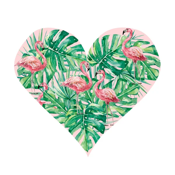 Akwarela Ręcznie Rysowane Tropikalne Kwiatowe Zwierzęce Serce Projekt Ilustracji Walentynki — Zdjęcie stockowe