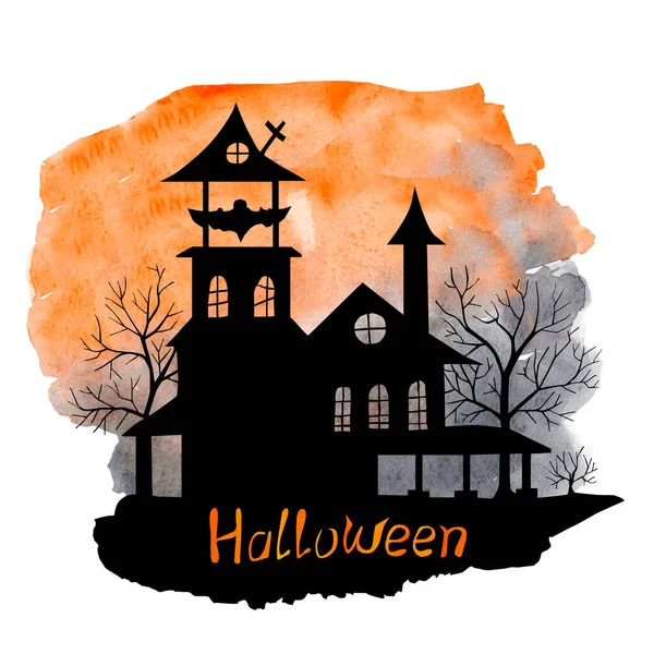 Watercolor Halloween house and trees silhouette vintage greeting card  for design.