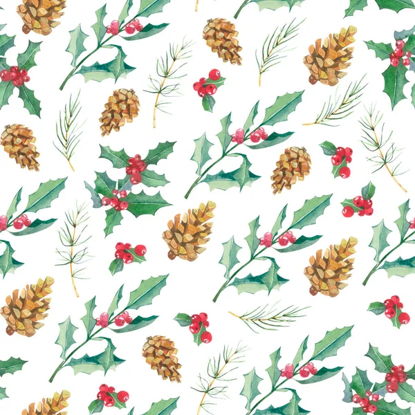 緑の枝や包装紙 織物や壁紙の装飾のためのバリーと水彩シームレスなパターンクリスマスの花 冬の植物図 — ストック写真
