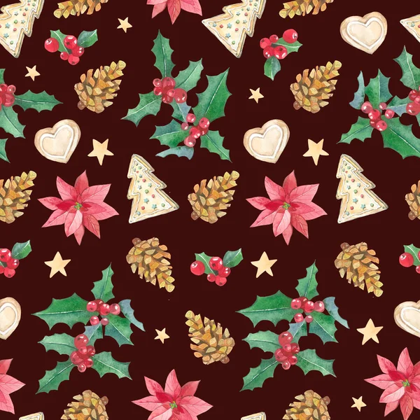 水彩シームレスパターンかわいいクリスマス要素 色の背景に包装紙 織物や壁紙の装飾のための枝 果実や花と手描きのイラスト — ストック写真
