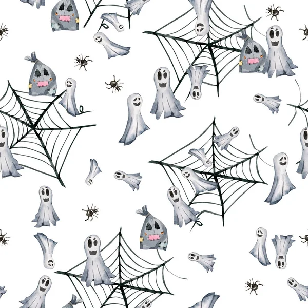Akvarel Bezešvný Vzor Halloween Symboly Bílém Pozadí Styl Kresby — Stock fotografie