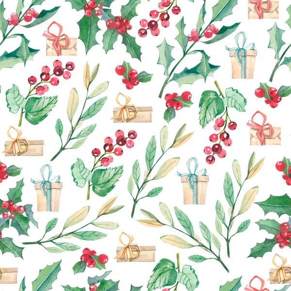 Watercolor Seamless Pattern Christmas Floral Elements Design Illustrations Branches Leaves — Stock Photo, Image