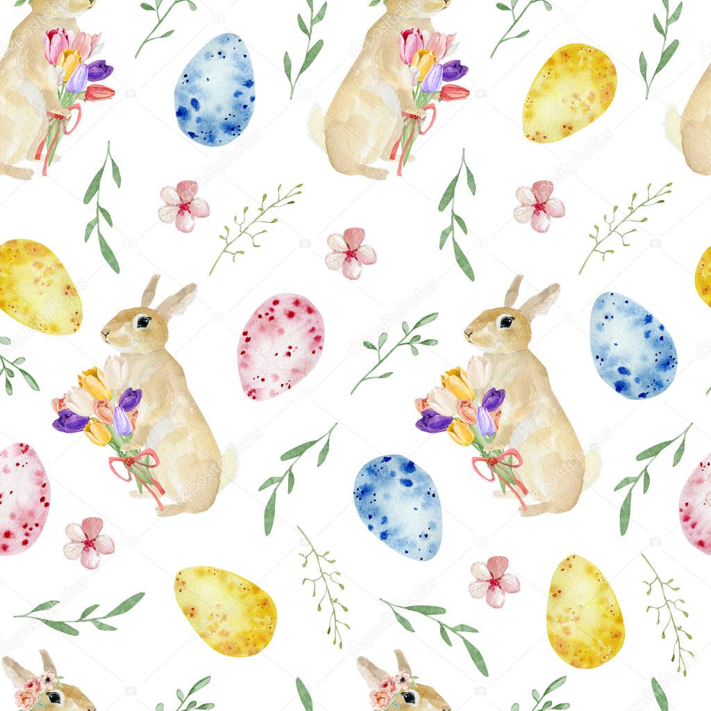 Watercolor Happy Easter seamless pattern, spring botanical greenery and flower with cute rabbits. Celepration illustration for wrapping paper, baby album, textile fabric.