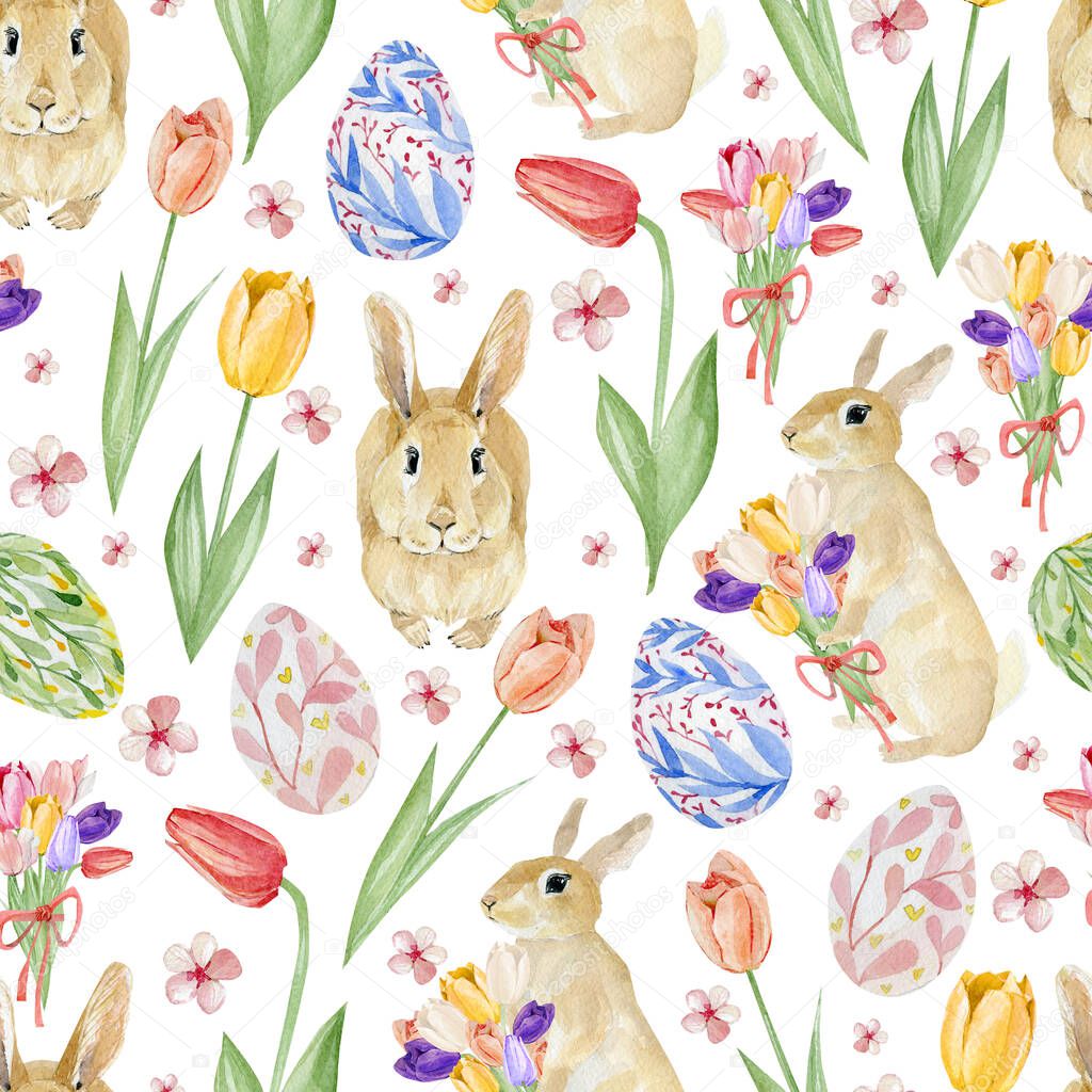 Watercolor Happy Easter seamless pattern, spring botanical greenery and flower with cute rabbits. Religious celebration illustration for wrapping paper, baby album, textile fabric.