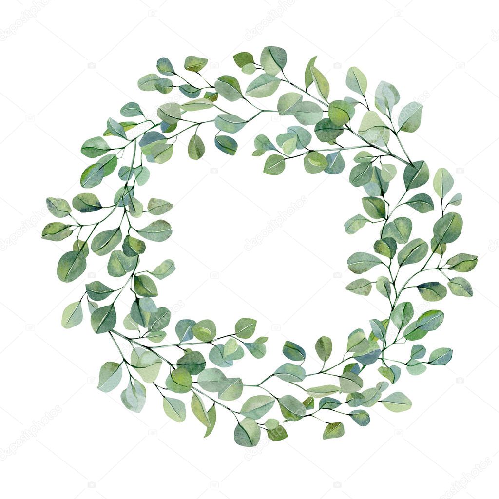 Watercolor wreath with hand painted silver dollar eucalyptus. Green branches and leaves floral illustration for wedding inspiration card, template, banner