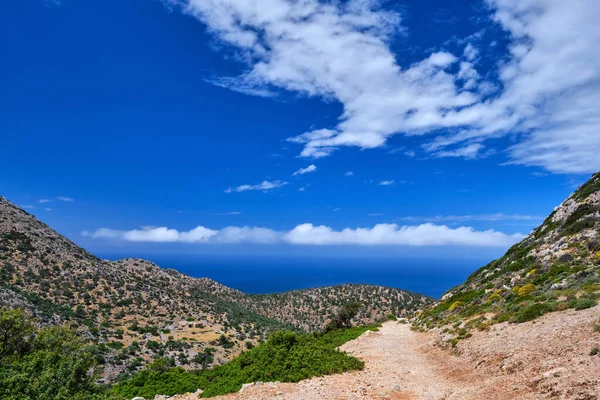 Typisk grekisk eller kretensisk landskap, kullar och berg, vårlövverk, buske, olivträd, stenig väg, stig. Halvön Akrotiri, Chania, Kreta, Grekland — Stockfoto