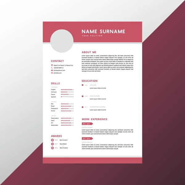 Red Professional Resume Design Template — Stock Vector