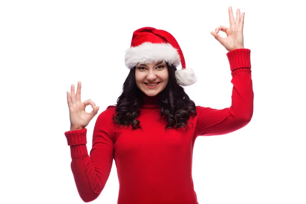 Retrato Mulher Confiante Alegre Vestindo Chapéu Papai Noel Fazendo Gesto — Fotografia de Stock