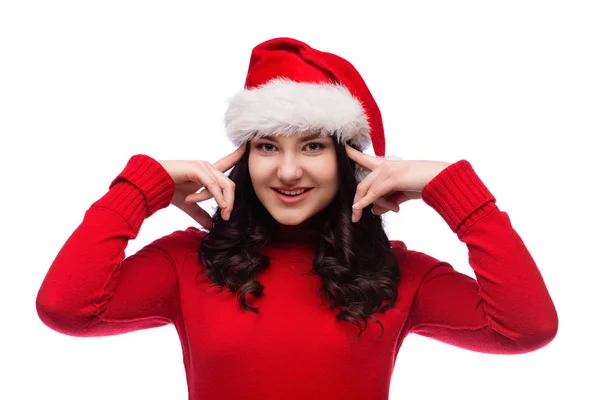 Mulher Morena Chapéu Natal Com Sorriso Usar Dedos Para Apontar — Fotografia de Stock