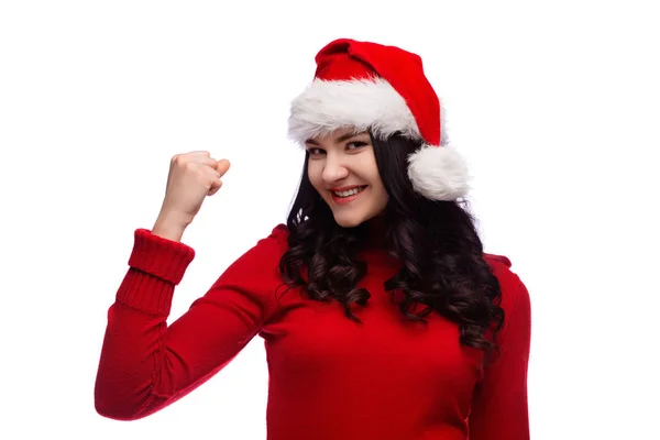 Piękne Uśmiechnięte Christmas Santa Kobieta Pokazuje Gest Władzy Sukcesu Białym — Zdjęcie stockowe