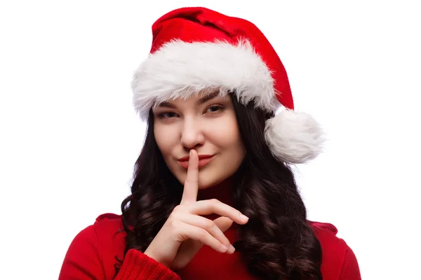 Brunett Kvinna Xmas Santa Hat Med Finger Läppar Som Begreppet — Stockfoto