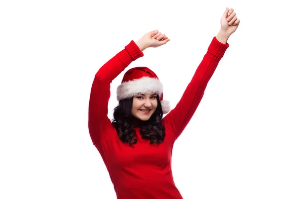 Retrato Mulher Alegre Vestindo Chapéu Xmas Levantando Mãos Dançando Isolado — Fotografia de Stock