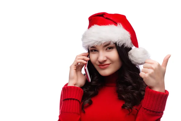 Mulher Alegre Vestindo Chapéu Papai Noel Com Expressão Facial Saindo — Fotografia de Stock