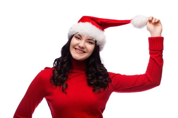 Fröhliche Junge Frau Rotem Pullover Berührt Weihnachtsmütze Isoliert Auf Weißem — Stockfoto