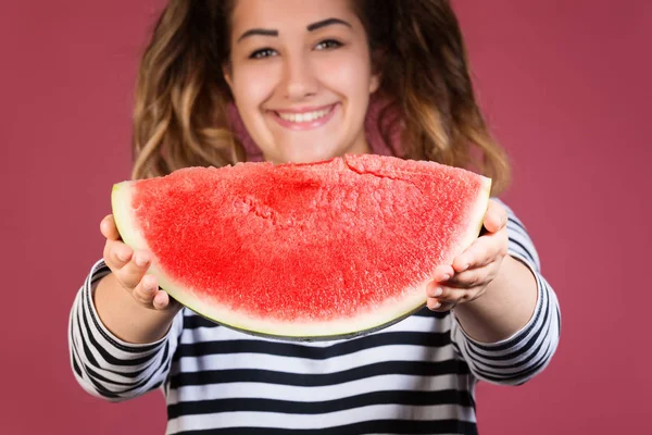 Funny Portrait Happy Smiling Young Girl Holding Slice Watermelon Colorful — Stock Photo, Image