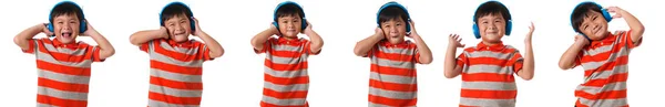 Concepto de música y tecnología - conjunto de niño asiático con auriculares aislados —  Fotos de Stock