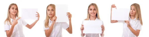 Education and blank board concept - confident girl in white shirt with advertising sign board isolated — Stock Photo, Image