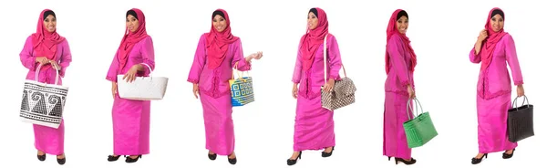 Set van Aziatische moslim vrouw in volledige lengte met heldere Tote tassen geïsoleerd — Stockfoto