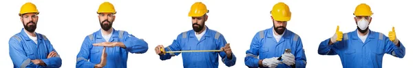 Conjunto de construtor em chapéu duro, capataz ou reparador no capacete. Retrato arquiteto construtor, engenheiro civil trabalhando, isolado em fundo branco — Fotografia de Stock