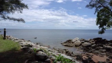 Mavi gökyüzü ve ağaçlarla kaplı geniş bir tropikal sahil manzarası