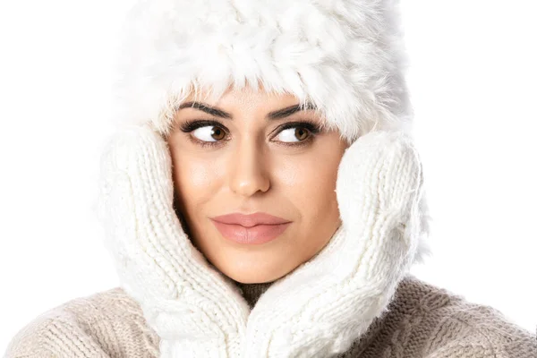 Junge Frau Winterkleidung Über Lichter Hintergrund Saison Weihnachten Urlaub Und — Stockfoto