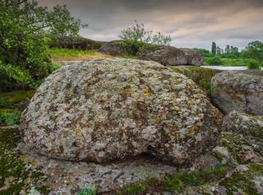 kayalar ve gökyüzü ve bulutlar, kırsal manzara bir arka plan üzerinde bitkiler