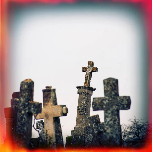 Old Terrible Stone Cross Cemetery Background Sky Autumn Season — Stock Photo, Image