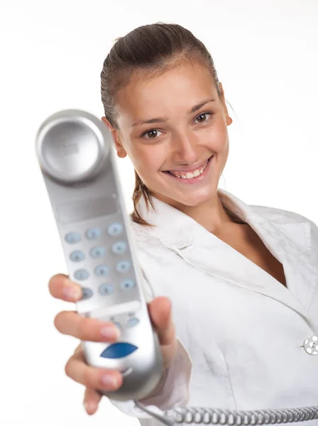 Vrouw Zakenman Houden Een Telefoon — Stockfoto