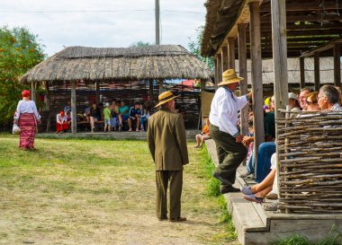 Veliki Sorochintsi, Ukrayna - 21 Ağustos 2015: Ulusal Sorochintsy Fuarı-ulusal ölçekli, sanayi ve Tarım Fuarı. Sanatçılara dinleme ziyaretçi.