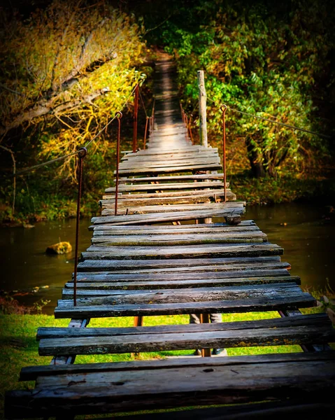 Ponte Suspensão Madeira Velha Floresta — Fotografia de Stock