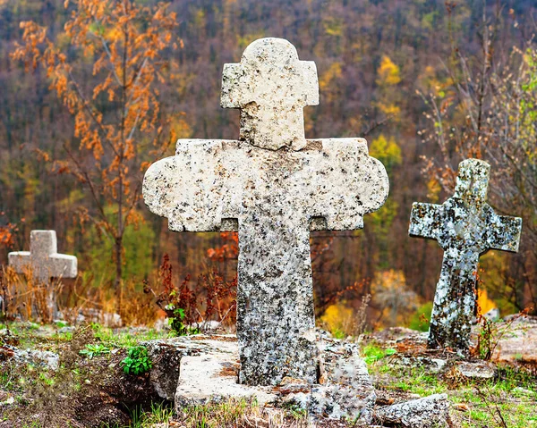 Old Terrible Stone Cross Cemetery Background Sky Autumn Season — Stock Photo, Image