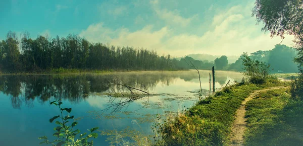 Landskap Med Träd Dimmig Morgon Vid Floden Landsbygden — Stockfoto