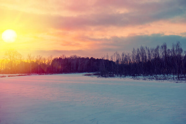 Замерзшая река и лес в сельской местности
