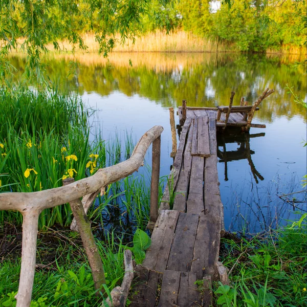 Rural Landscape River Old Wooden Bridge Spring Season — Stock Photo, Image