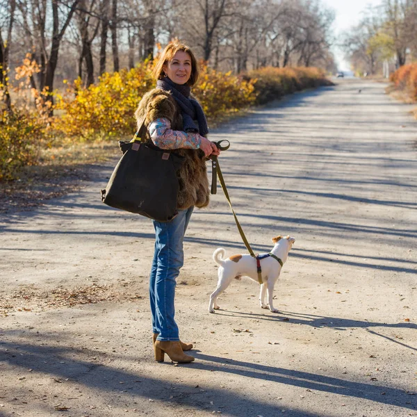 woman walking with a dog in autumn park, the age of 40