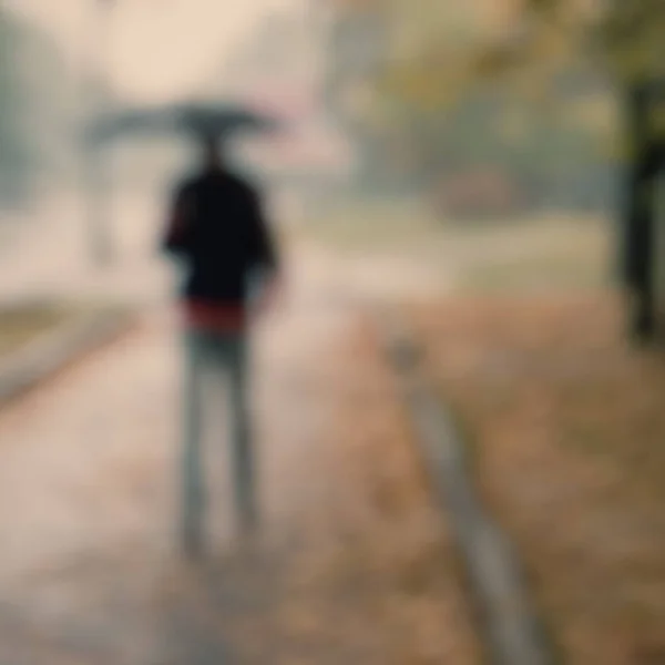 Silueta Muže Deštníkem Dešti Přichází Podzimním Parku Rozostřené Pozadí — Stock fotografie