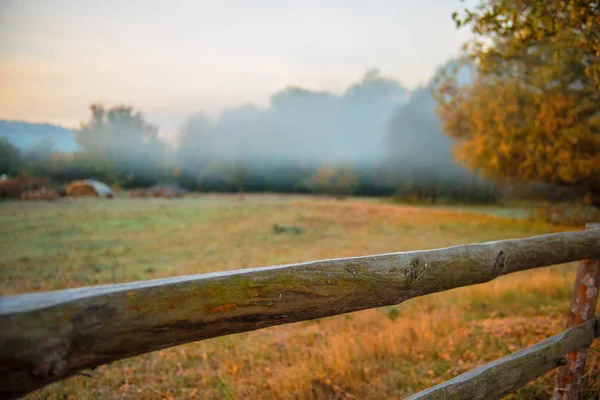 Recinzione Legno Nebbioso Mattina Autunno Nel Villaggio — Foto Stock