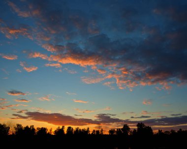 Orman ve gökyüzü bulutlu gün batımında