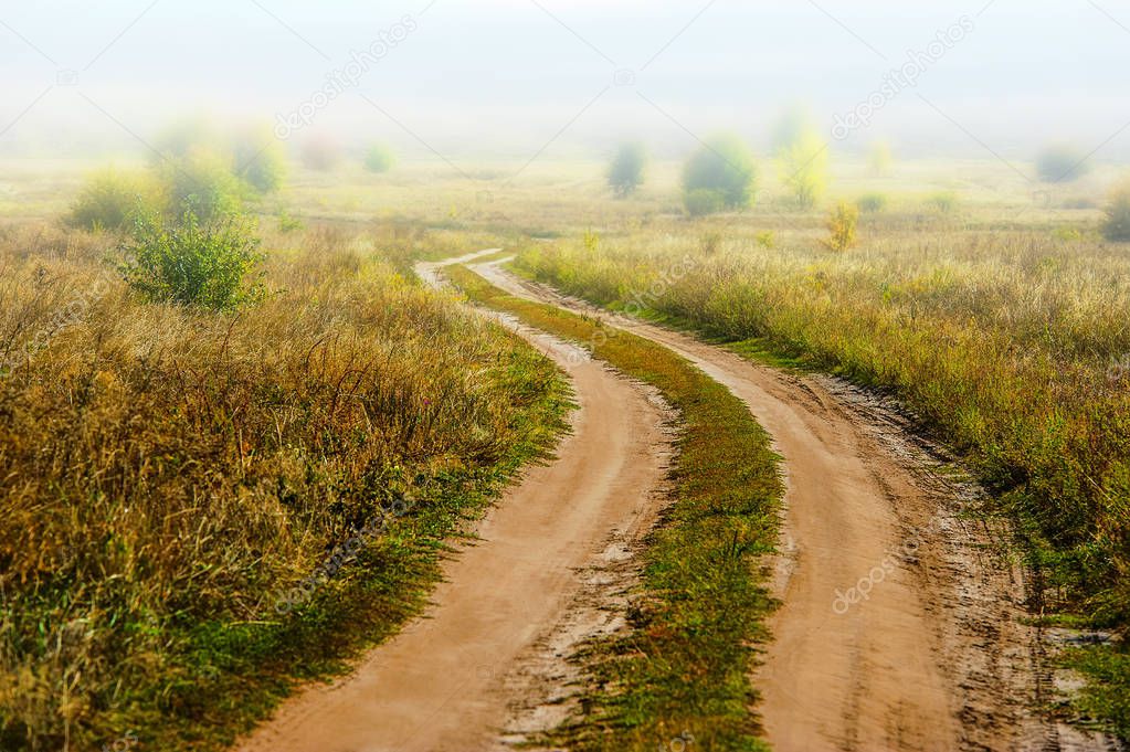 dirt road on a background of fog and field