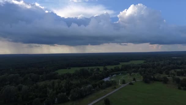 Images Aériennes Pittoresques Pluie Tombant Sur Les Prairies Verdoyantes Forêt — Video