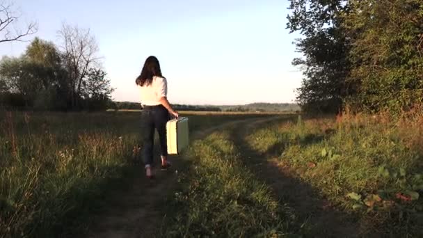 フィールドでヴィンテージスーツケースを持つ美しい若い女性の映像 — ストック動画