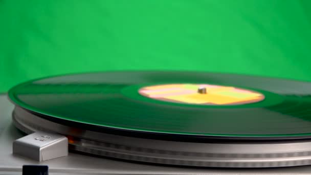 Close Footage Vintage Vinyl Player Isolated Green — Stock Video