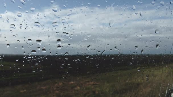 具有自然背景的车窗上水滴的特写镜头 — 图库视频影像