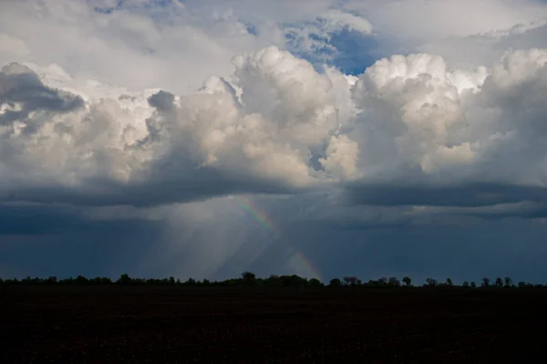 Regenwolken Himmel Und Ein Regenbogen Über Dem Wald Frühlingszeit — Stockfoto