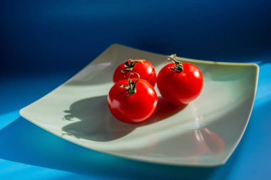 Güneş ışığında bir tabakta üç kırmızı domates yatıyor. Yaz mevsimi. 