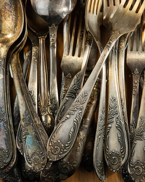 stock image Vintage silver cutlery spoons and forks. Web banner.